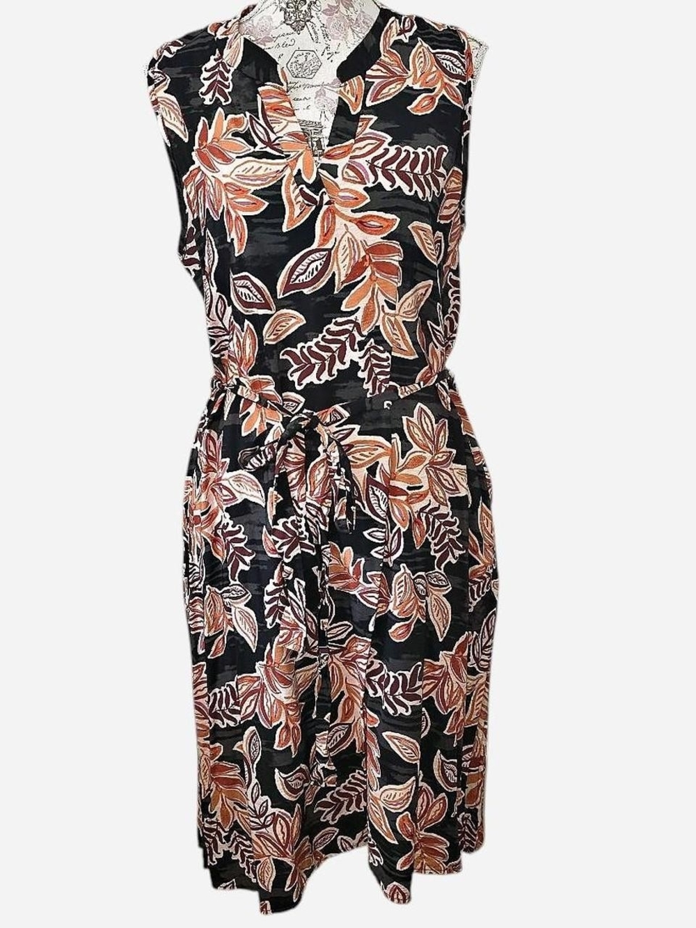 Sleeveless Black Midi Dress with Rust Leaf Print and Self-Tie Waist